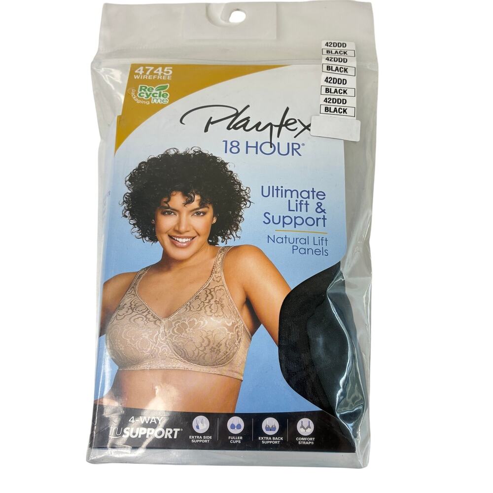 Playtex 4745 Wire Free 18 Hour Ultimate Lift & Support Black Bra NWT 42DDD